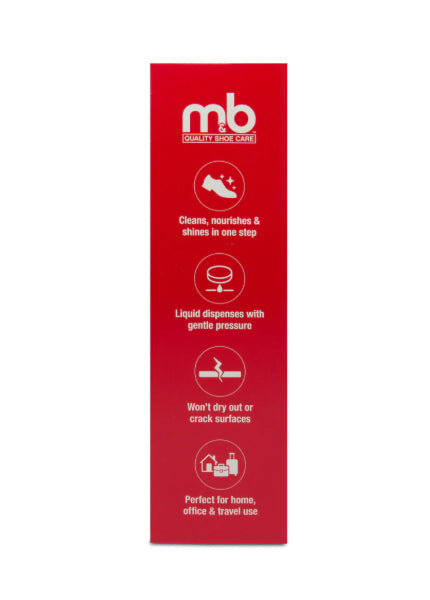 Red box of shoe care product with MB logo and text on a white background