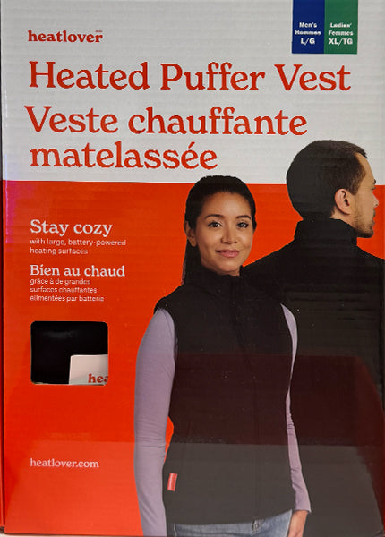 Heated puffer vest packaging with two people wearing vests and a clear view of the product.