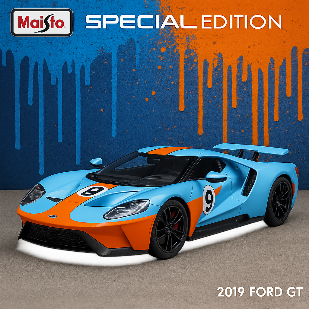 Maisto Special Edition 2019 Ford GT model car on a blue and orange background