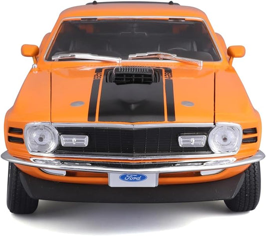 Front view of an orange Ford car with a white background