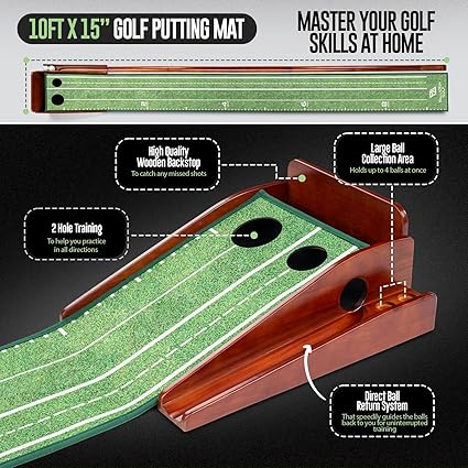Palladium Golf Putting Mat 10ft – Indoor/Outdoor Putting Green with Ball Return & Training Guides