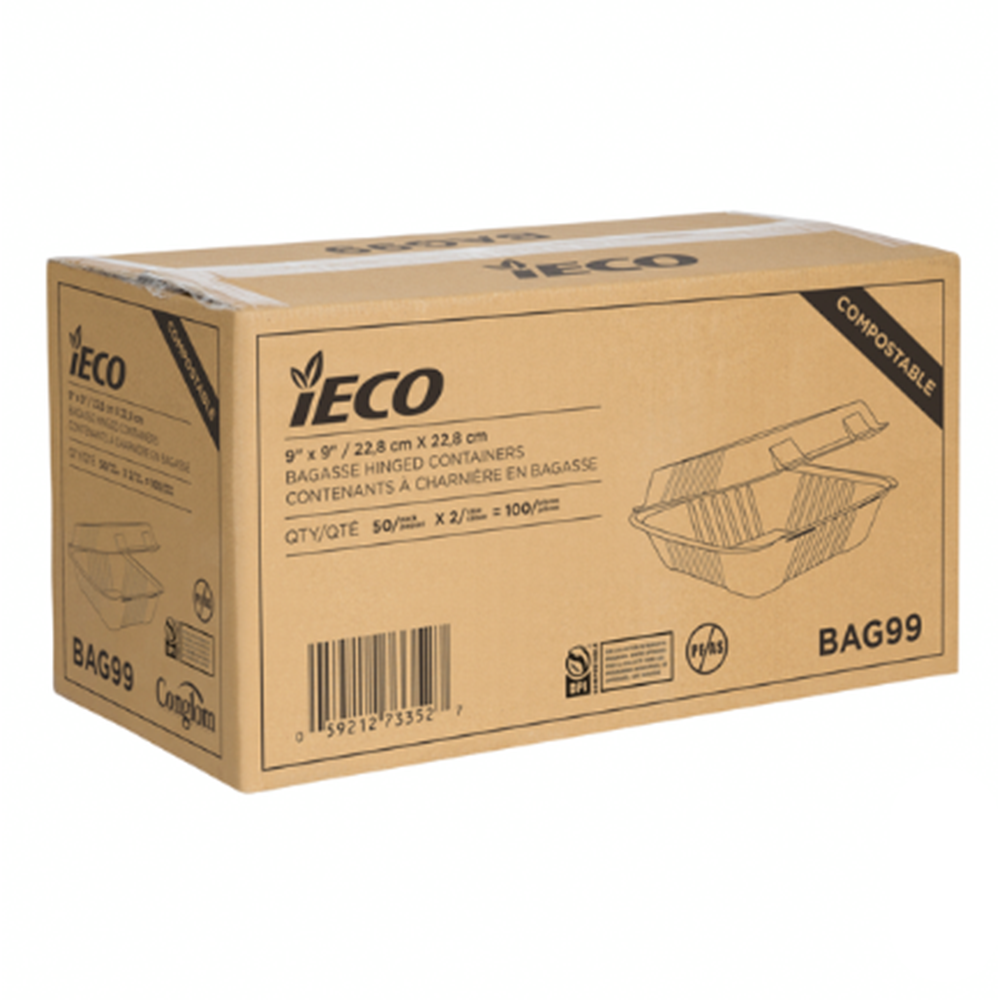 ECO Hinged Bagasse Containers 9" × 9" White - Pack of 100