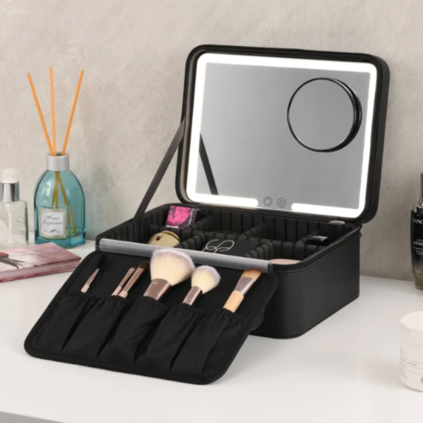 REMI Cordless Travel Makeup Case with Smart LED Mirror | Vegan Leather Organizer, 3-Color Dimming, 10X Mirror, USB-C, Black