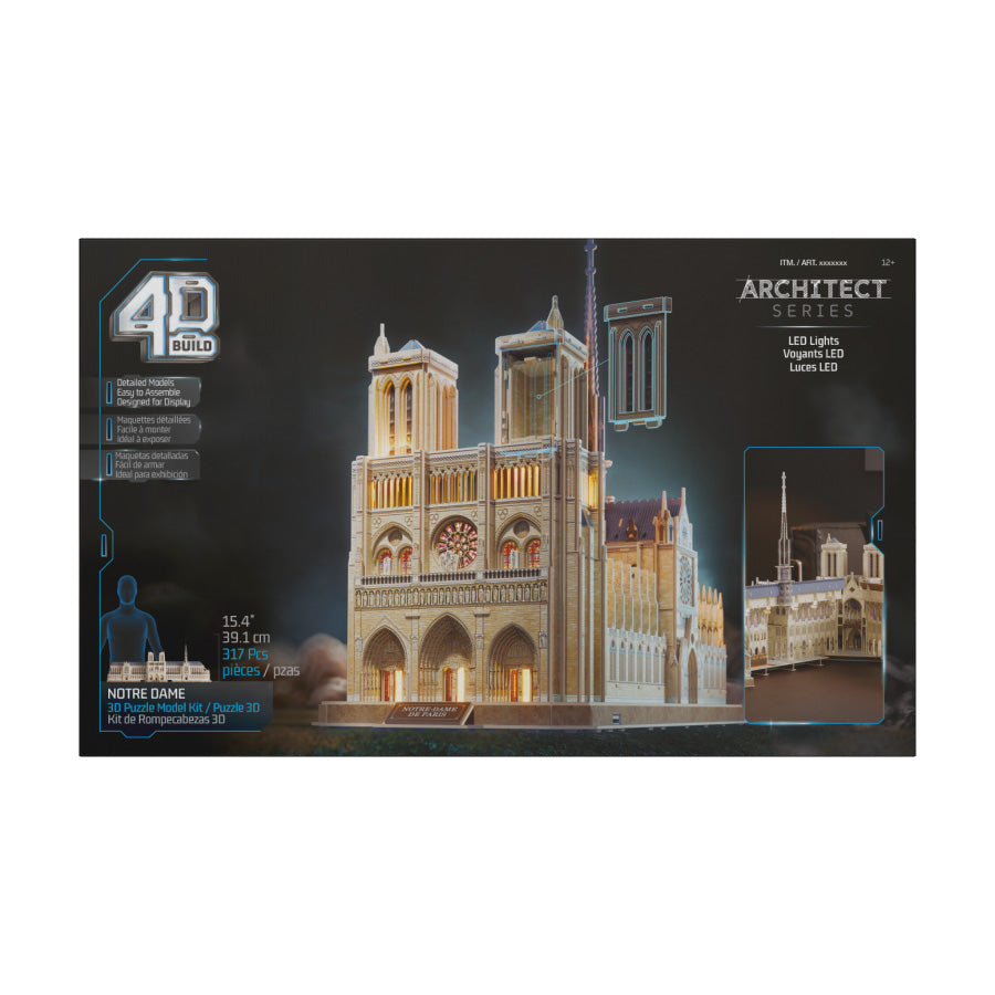 4D Build Architect Series Notre Dame 3D Model Kit with LED Lights – 317-Piece Puzzle Building Set for Adults & Teens (Ages 12+)