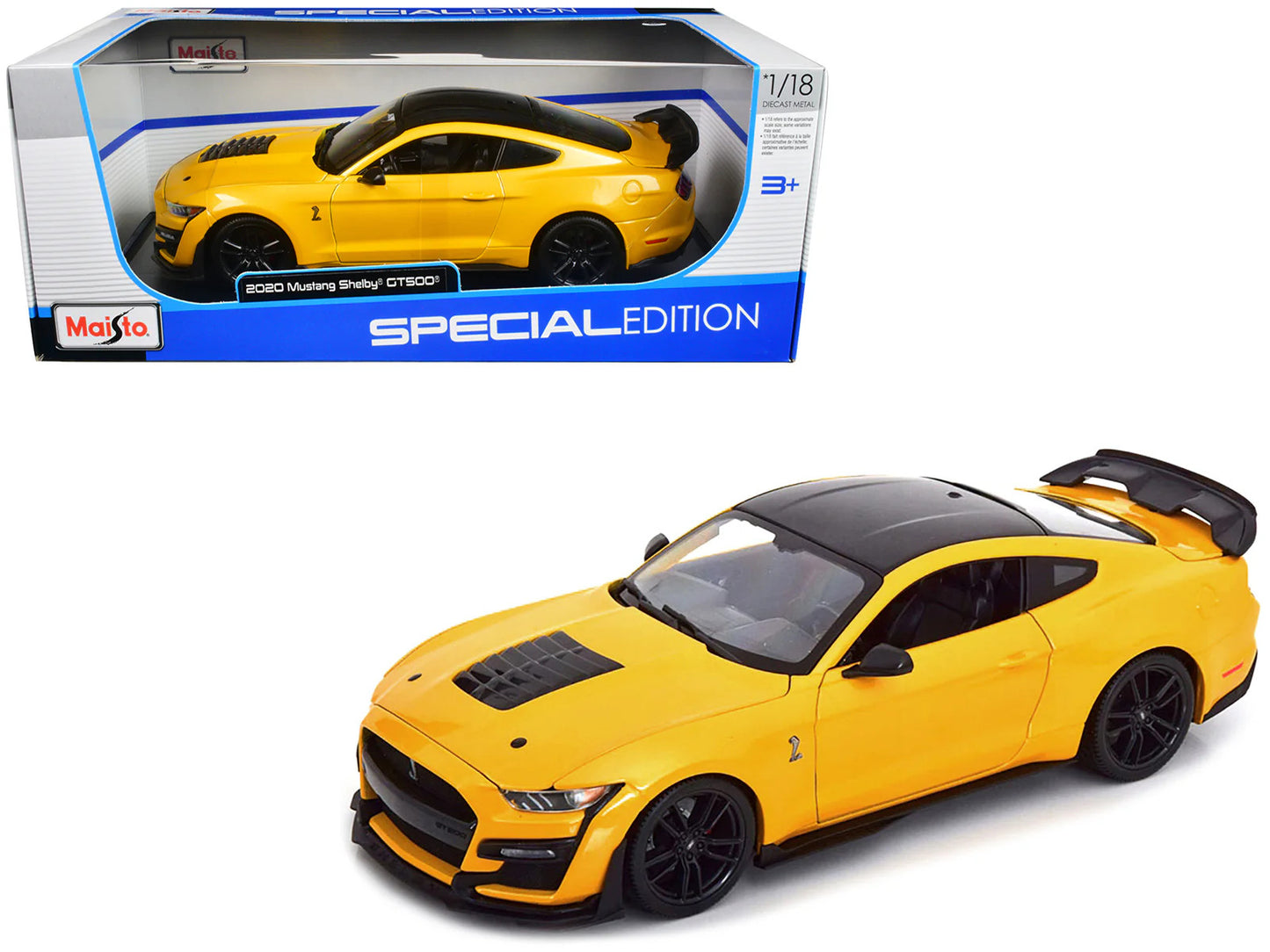 Maisto 2020 Ford Mustang Shelby GT500 Yellow with Black Top | Special Edition 1:18 Scale Diecast Model Car