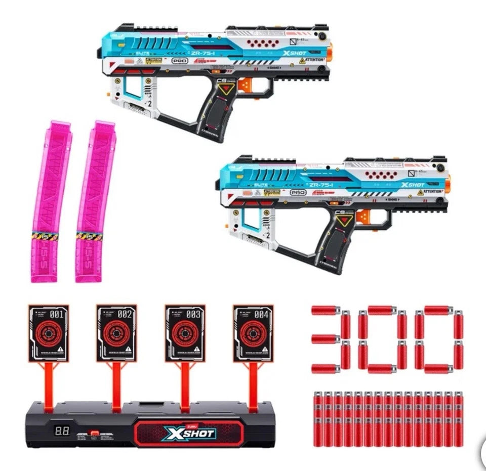 Zuru X-Shot Pro Fury-X Battle Blaster 2-Pack – Foam Dart Blaster Set with Electronic Target & 300 Darts