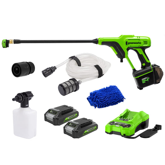 منظف ​​الطاقة اللاسلكي Greenworks بقوة 24 فولت وضغط 600 رطل لكل بوصة مربعة (0.8 جالون في الدقيقة) مع بطاريتين سعة 2 أمبير/ساعة، وشاحن، وقفاز غسيل، أخضر