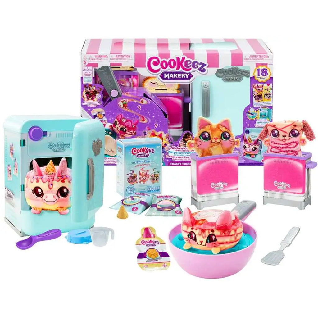 Cookeez Makery toy set with pink and blue toy kitchen and animal figures on a white background