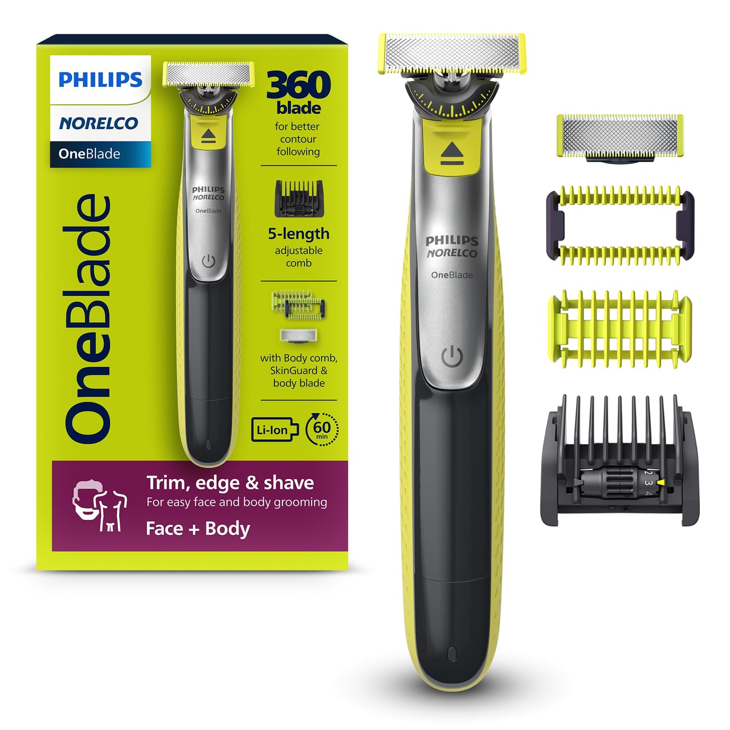 Philips Norelco OneBlade 360 ​​Hybrid-Elektrotrimmer und -Rasierer für Gesicht und Körper, QP2834/70