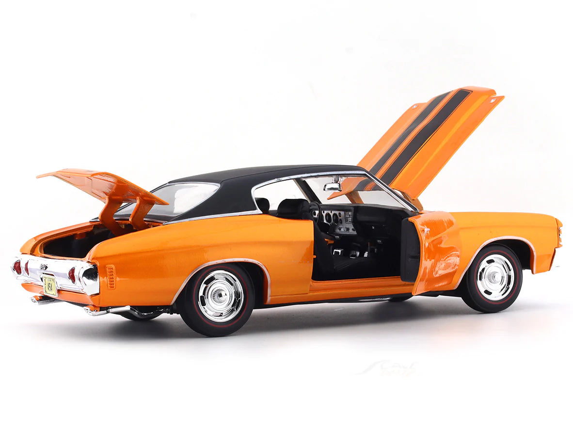 Orange model car with open doors on a white background