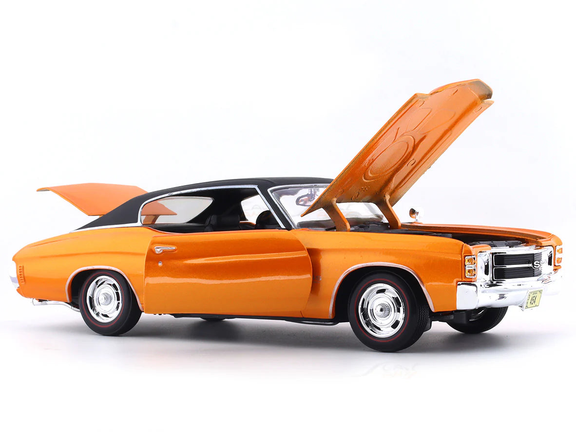Orange muscle car with open hood on a white background
