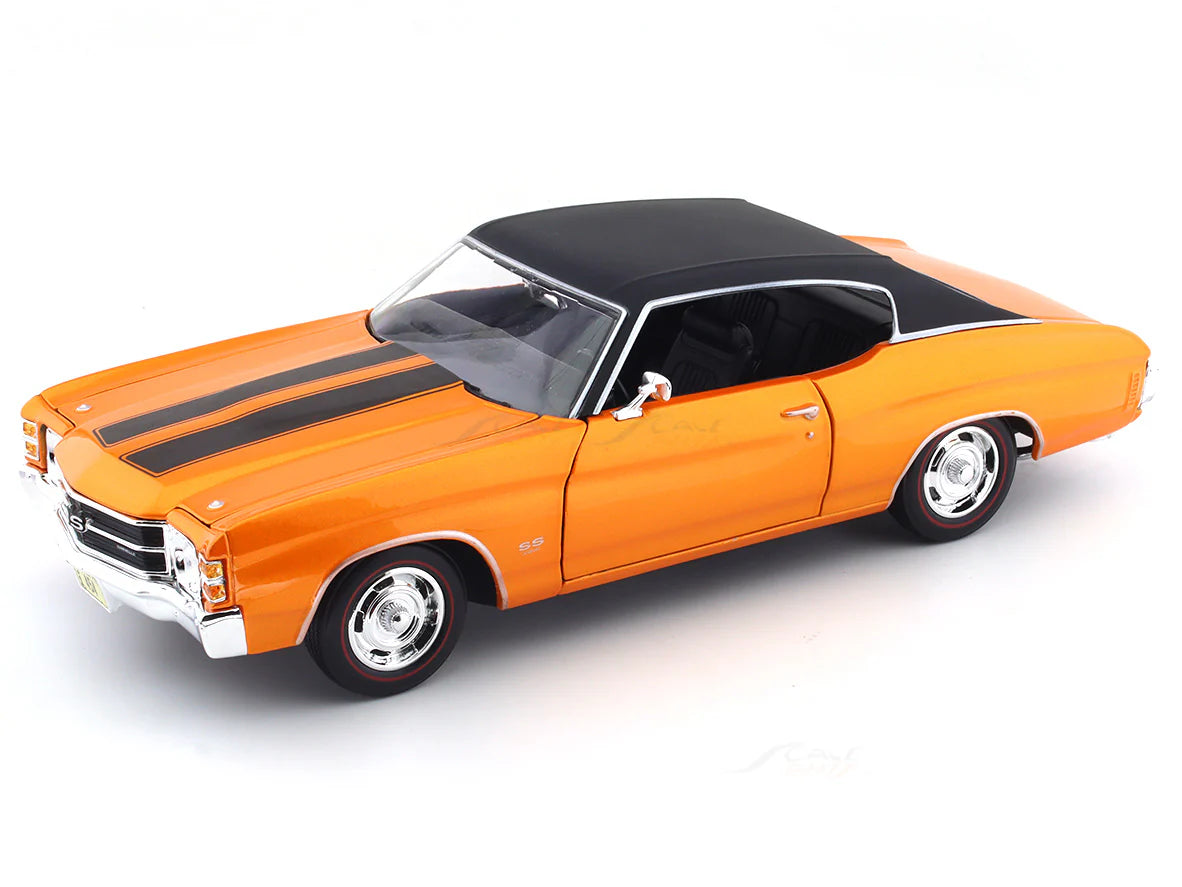 Orange model car with black stripes on a white background