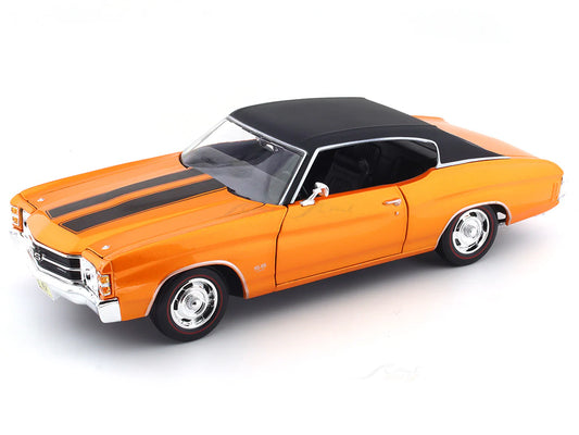 Orange model car with black stripes on a white background