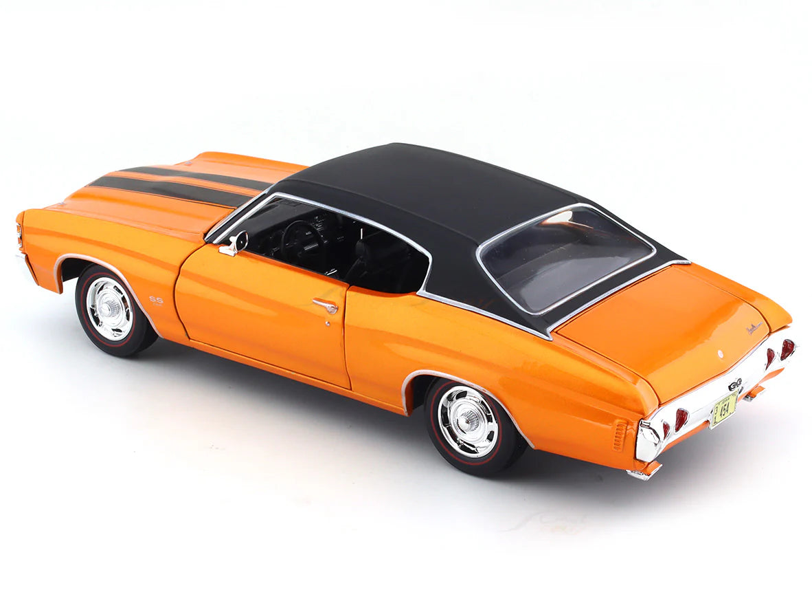Model car with orange body and black roof on a white background