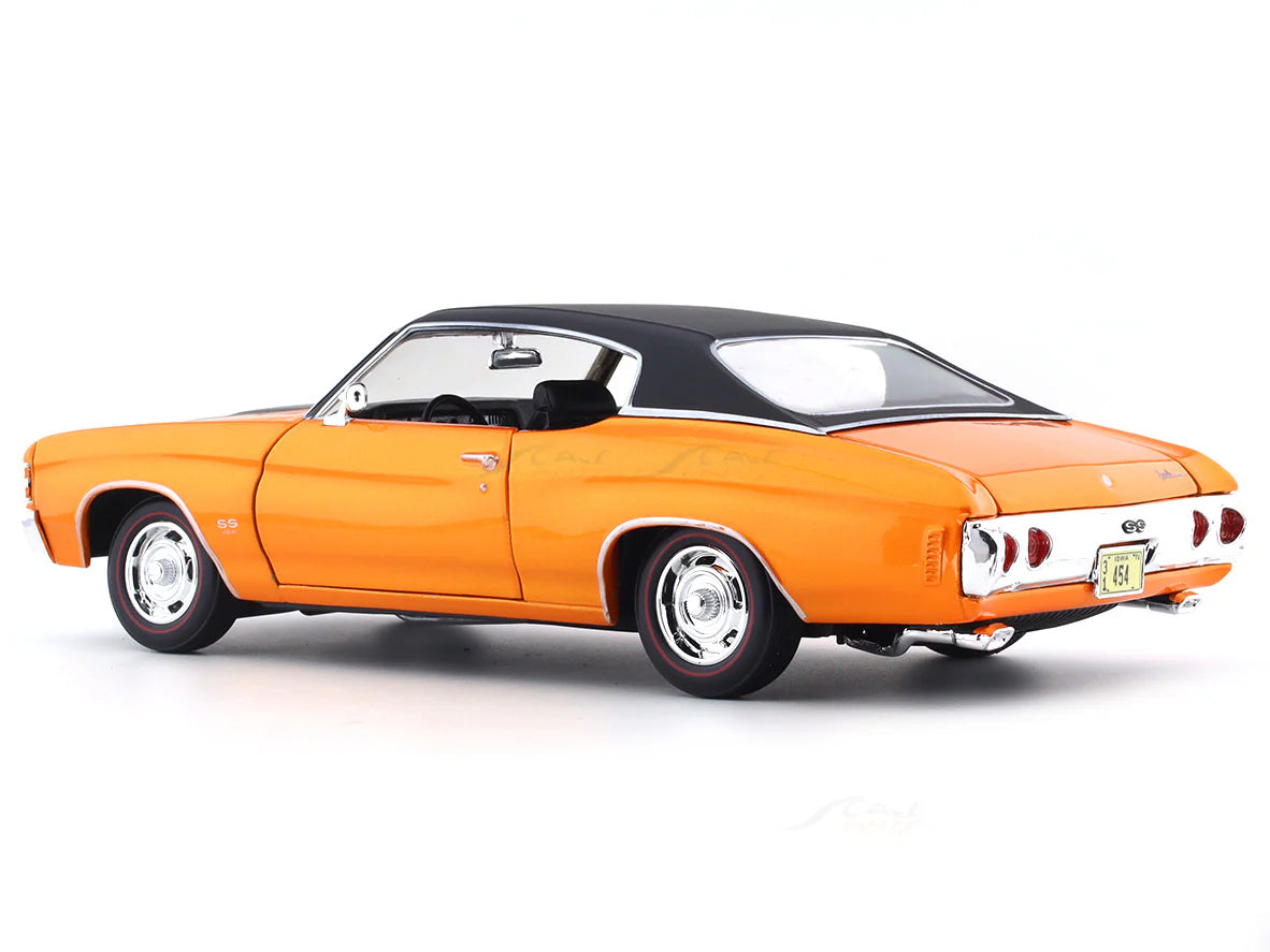 Orange classic car with black roof on a white background