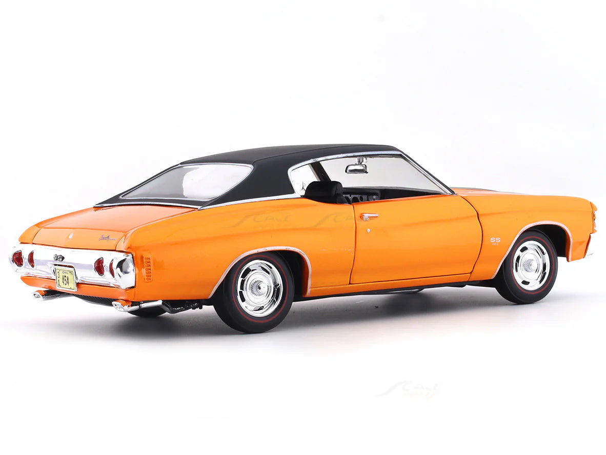 Orange classic car with black top on a white background