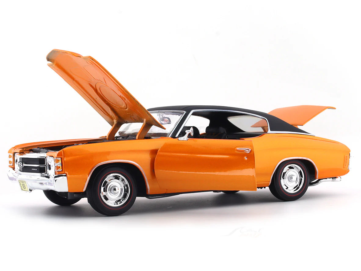 Orange muscle car with open hood on a white background