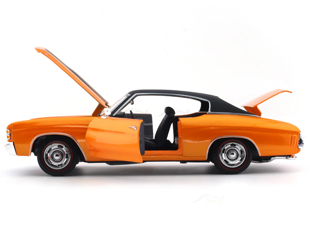 Orange classic car with open doors on a white background