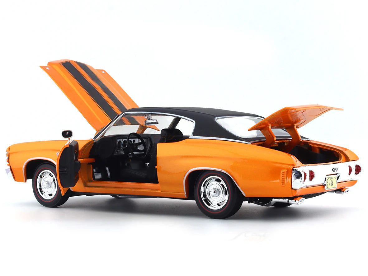 Orange model car with open doors and hood on a white background