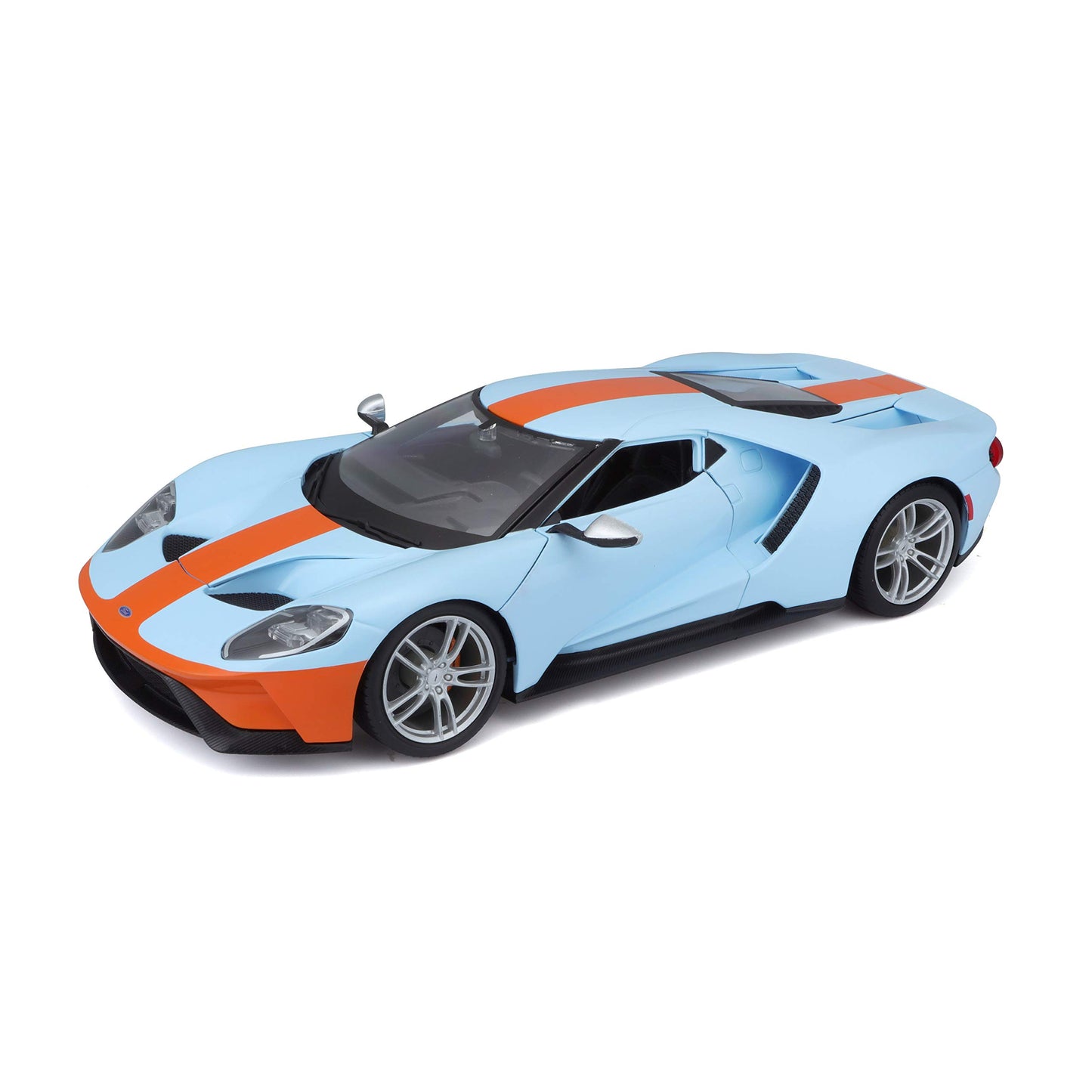 Model car with a light blue body and orange stripe on a white background