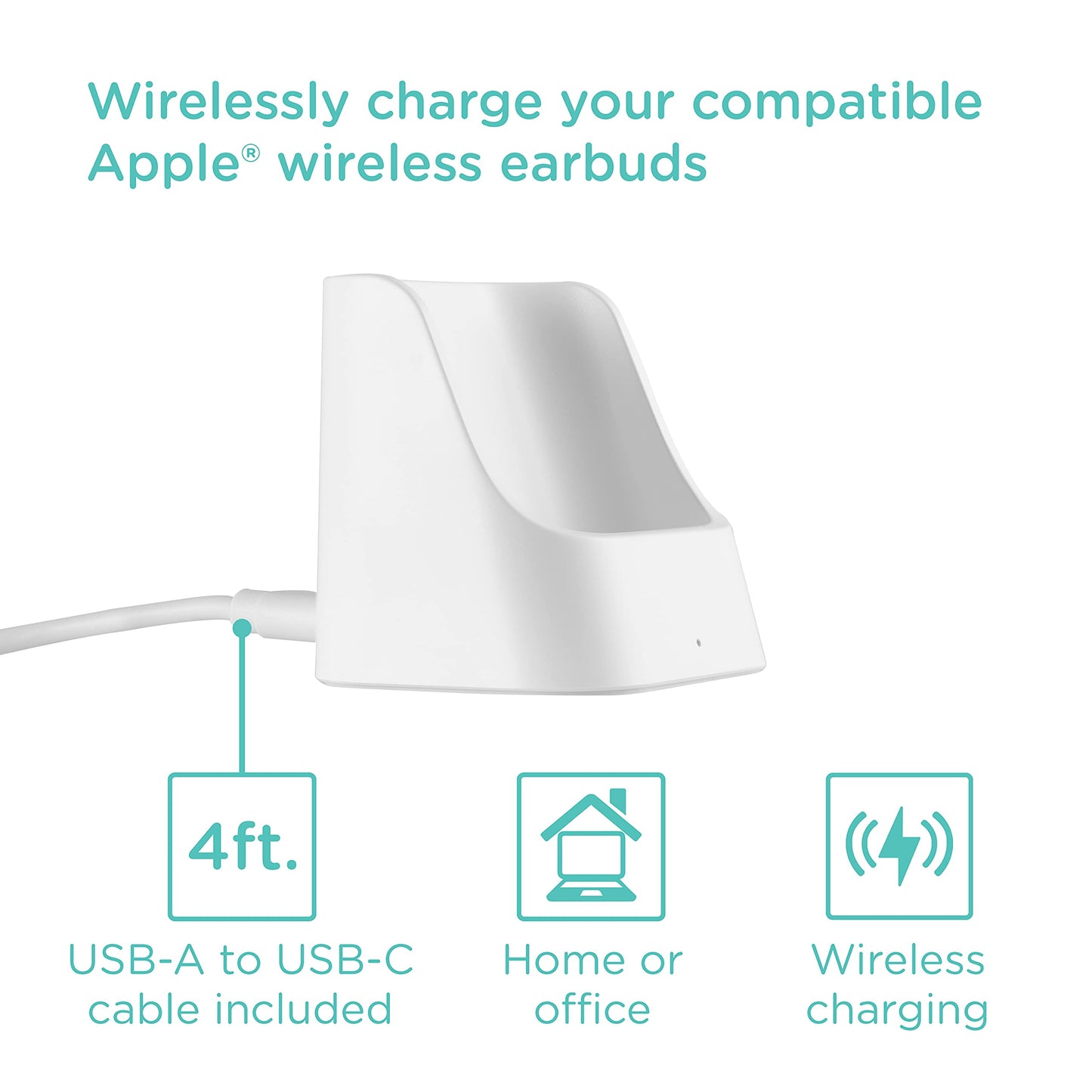 Cordinate 5W Qi Wireless Charging Station for AirPods & AirPods Pro | LED Indicator, 4ft USB-A to USB-C Cable, White | Model 58616