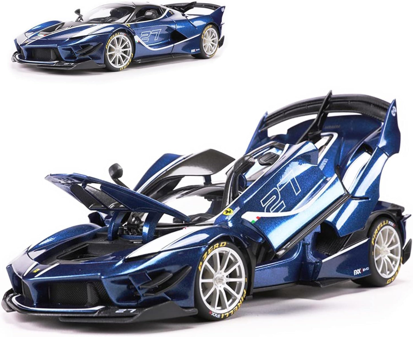 Blue toy sports car with open doors on a white background

