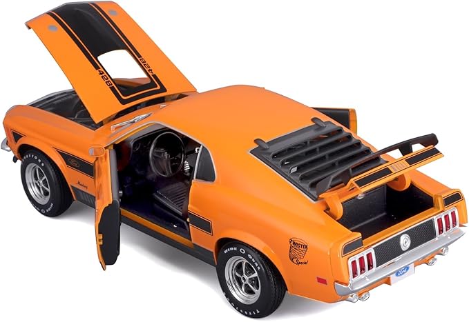 Orange model car with open doors on a white background


