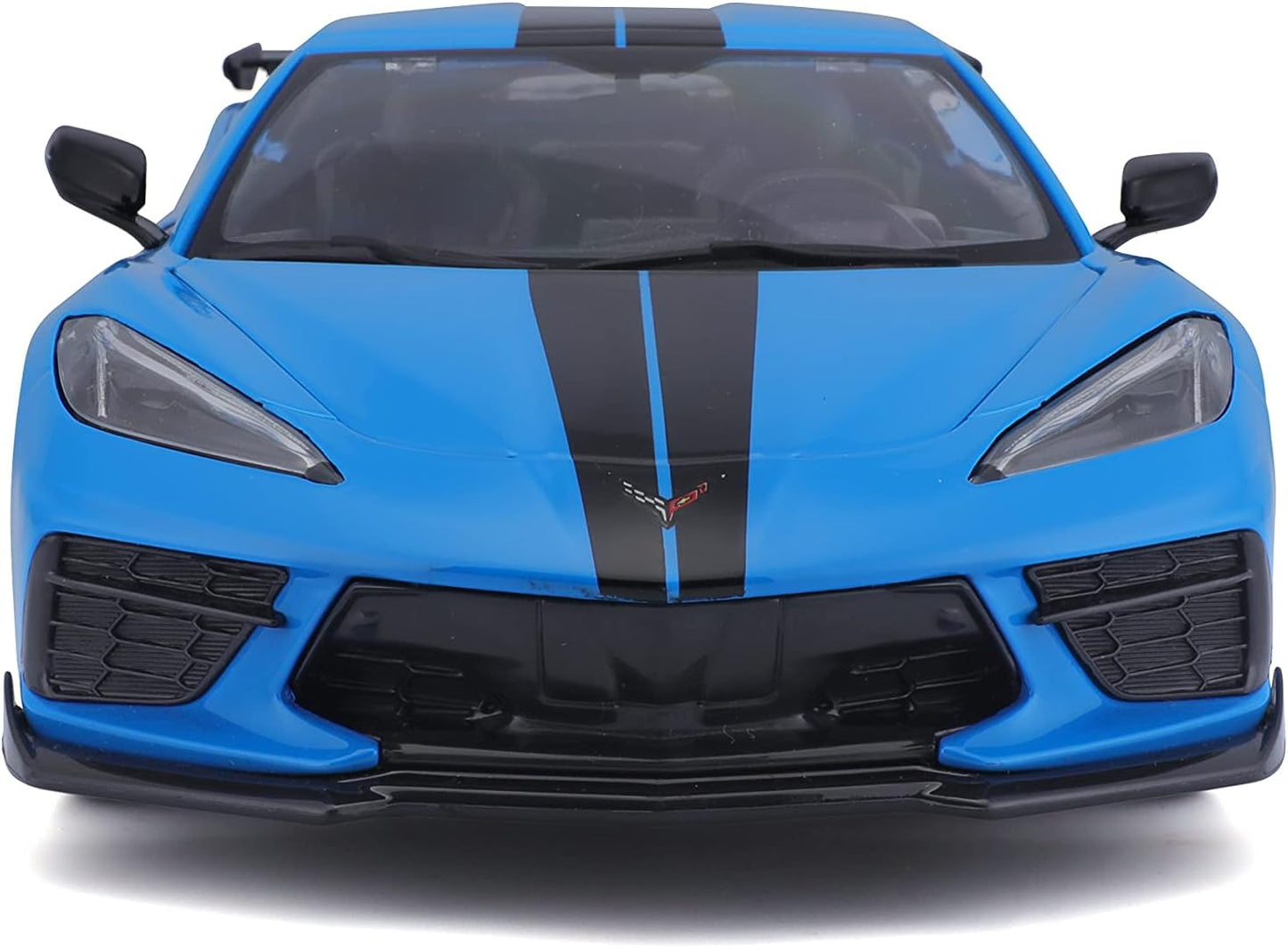 2020 Chevrolet Corvette Blue sports car with black stripes on a white background