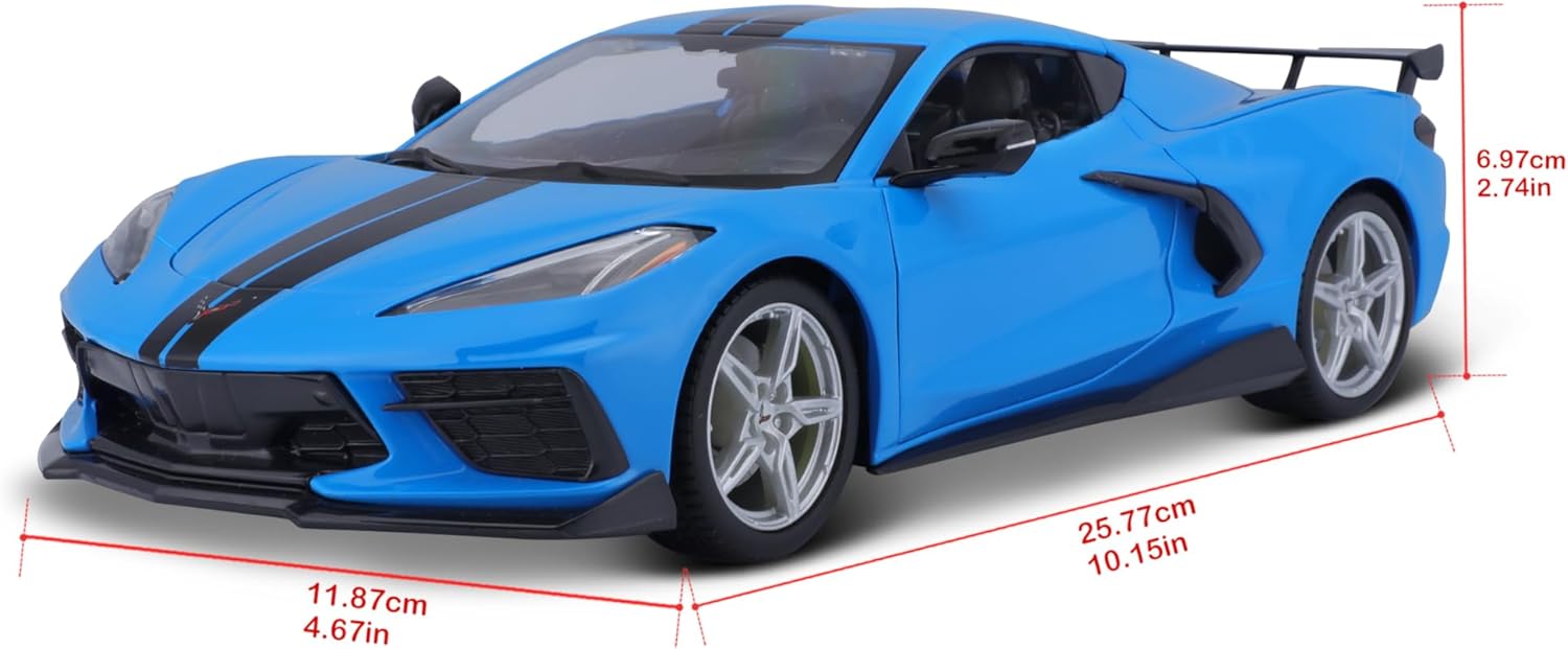 2020 Chevrolet Corvette Blue sports car model with dimensions displayed
