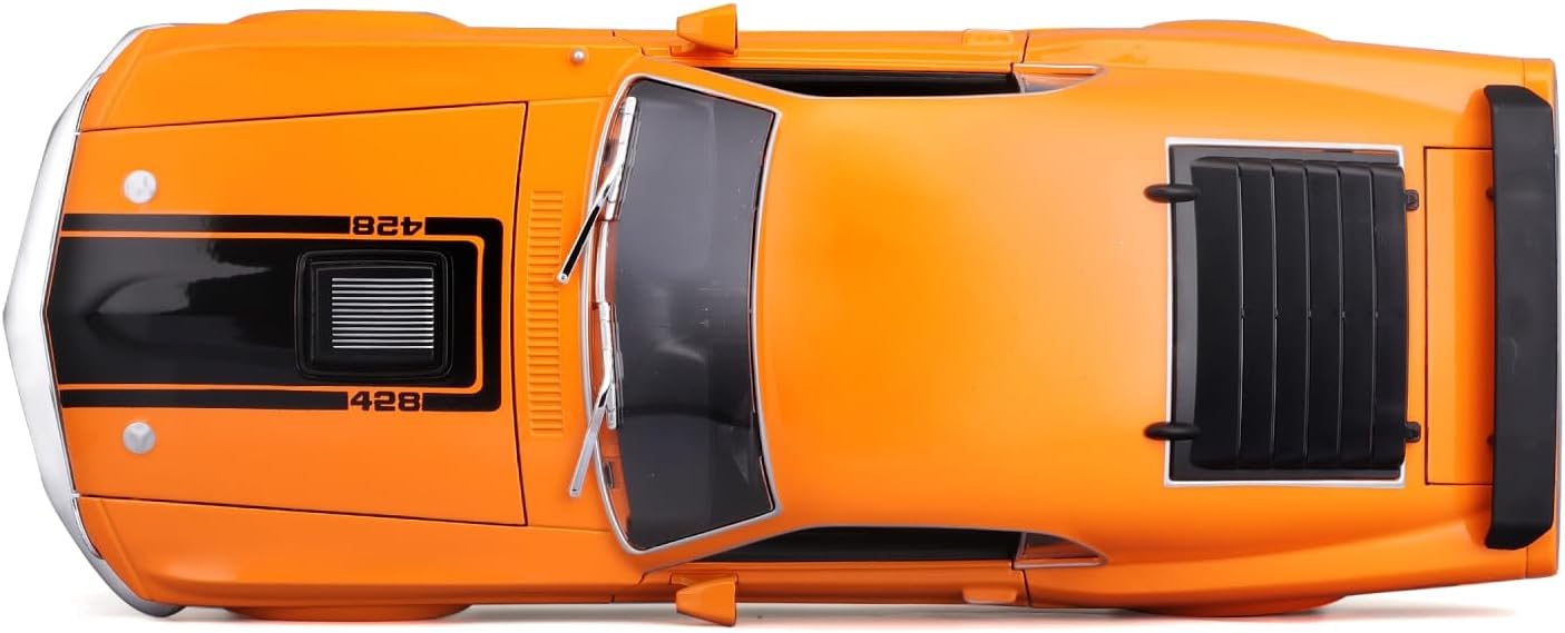 Orange toy car with open doors on a white background

