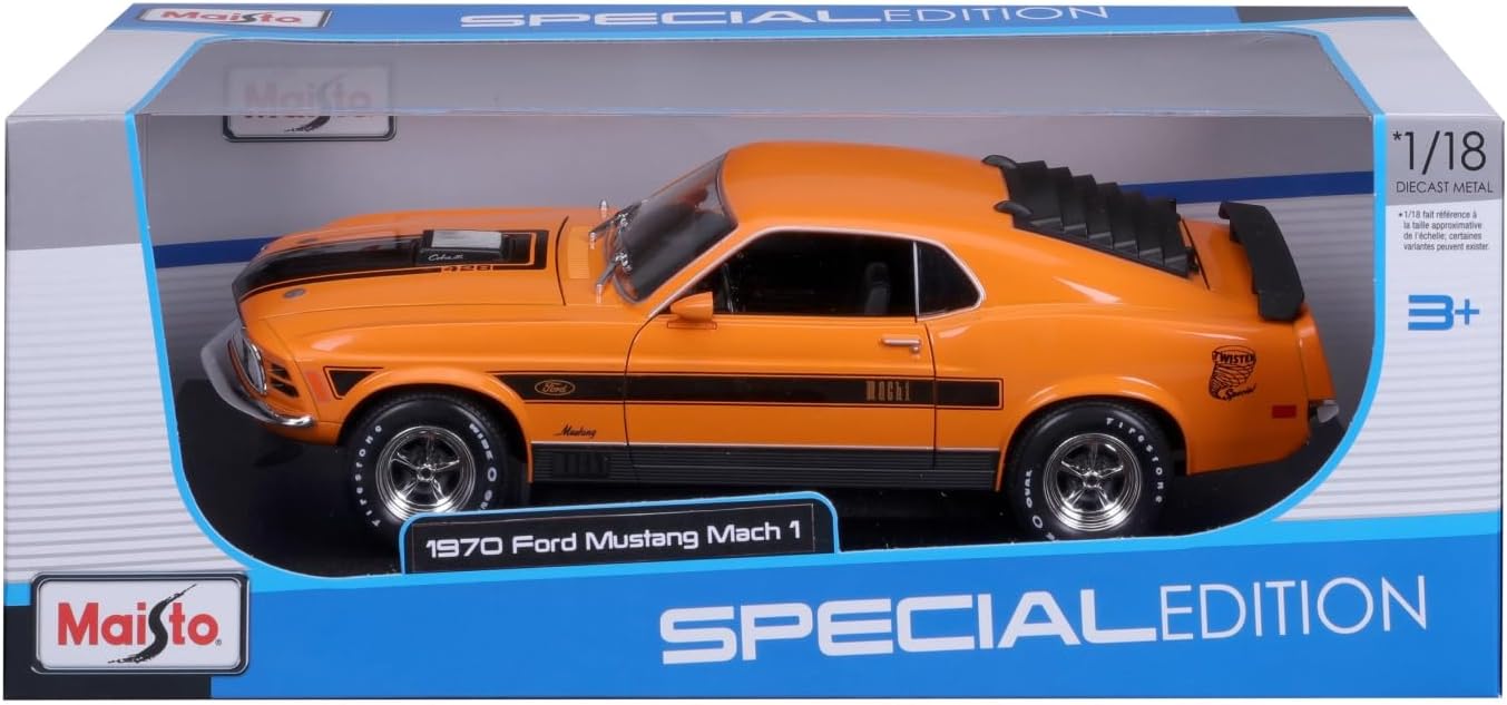 Model car of a 1970 Ford Mustang Mach 1 in packaging with Maisto branding.