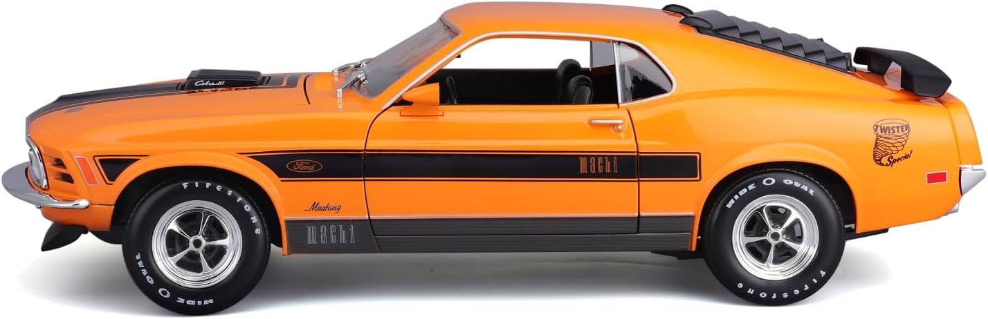 Orange muscle car model with black stripes on a white background