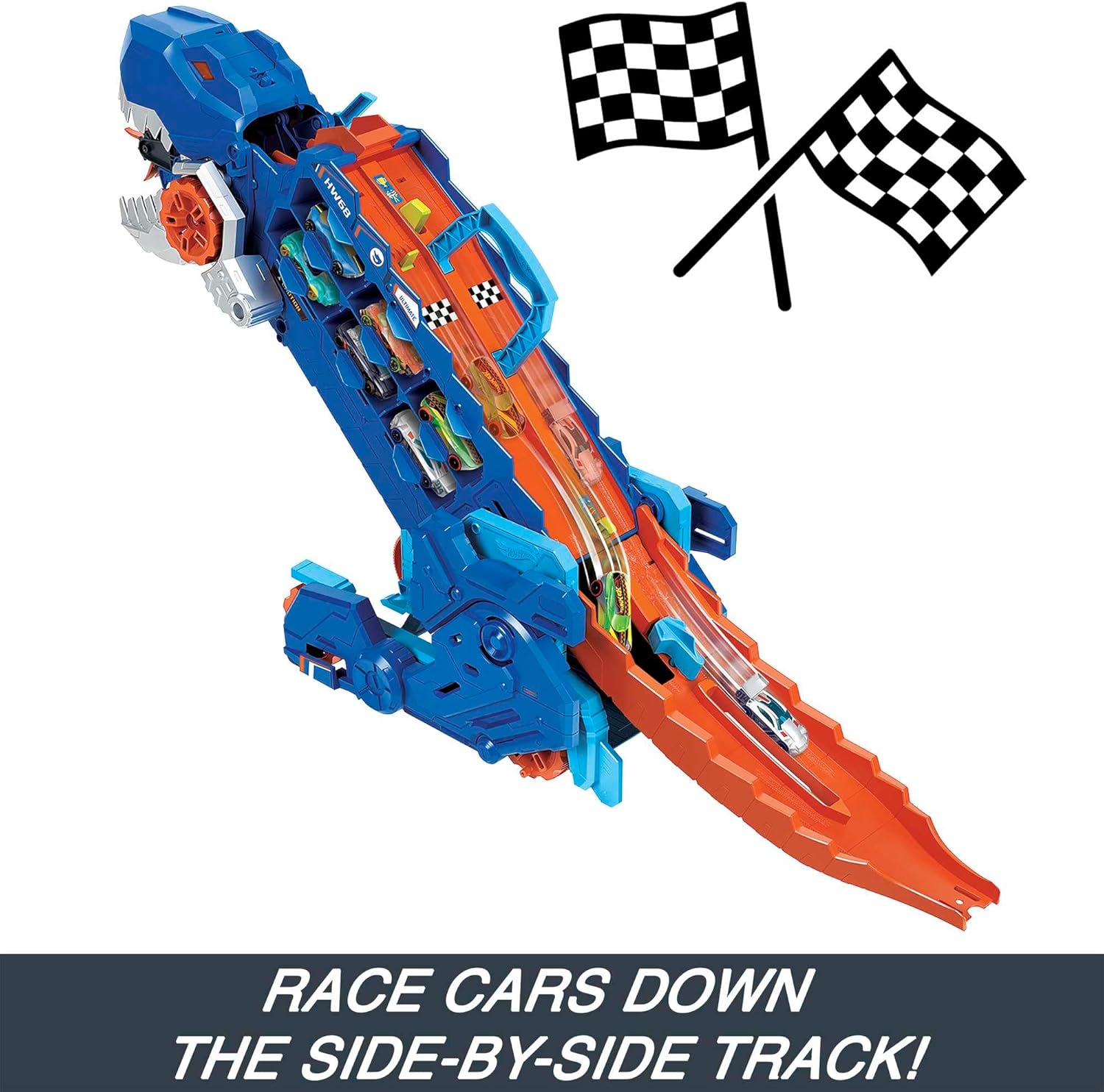 Toy race track with cars and checkered flags on a white background