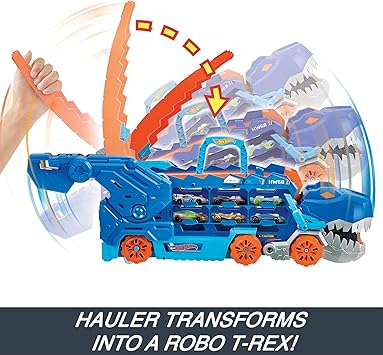 Toy set with a blue hauler transforming into a robo T-Rex, featuring various toy figures inside.