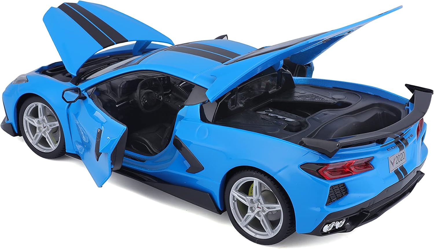 CorvetteBlue sports car model with open doors and trunk on a white background