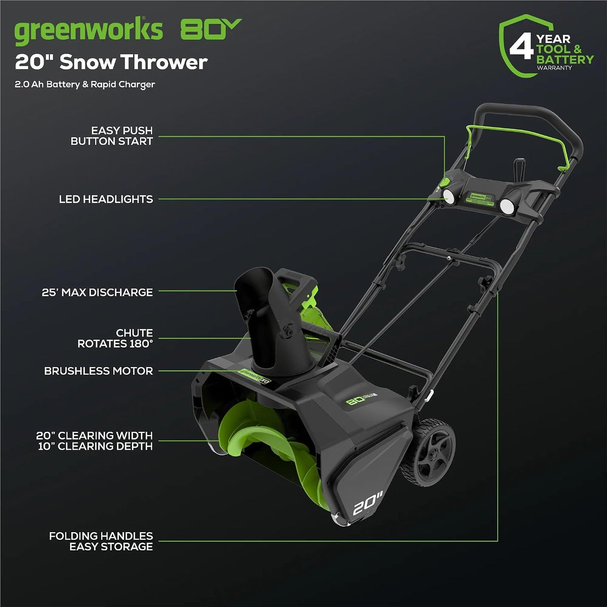 Greenworks Pro 80V 20" Cordless Snow Blower | 4Ah Battery & Charger Included | Model SN80L41