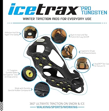 Ice trax pro tungsten winter traction aids with features highlighted on a white background