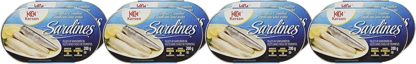 Kersen Boneless Canadian Sardine Fillets in Sunflower Oil, 8 x 200g (1.6 kg) | Kosher, High Protein, Ready to Eat