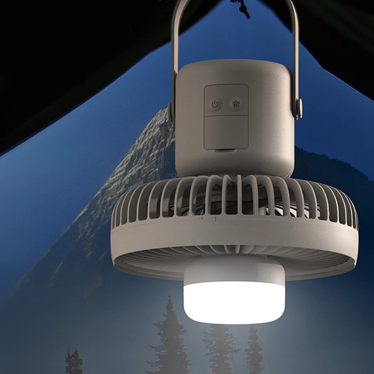 3-in-1 tragbare LED-Outdoor-Lampe mit Ventilator, Powerbank, Hängeleuchte und wiederaufladbarem Ventilator – ideal für Camping und Wandern