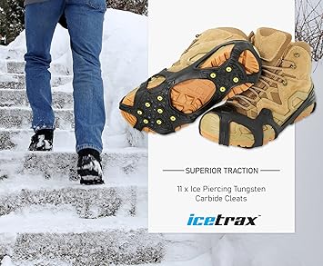 Person walking on snow with icetrax traction cleats attached to boots
