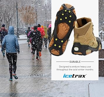 People walking in snow with icetrax shoes shown on a white background