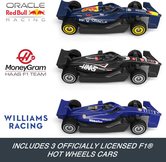 Hot Wheels Racing Formula 1 Grand Prix Circuit Track Set – 3 Die-Cast F1 Cars, Dual Race Modes & Booster Playset