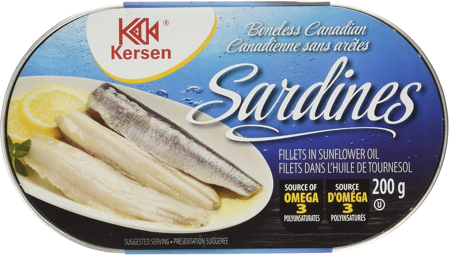 Kersen Boneless Canadian Sardine Fillets in Sunflower Oil, 8 x 200g (1.6 kg) | Kosher, High Protein, Ready to Eat