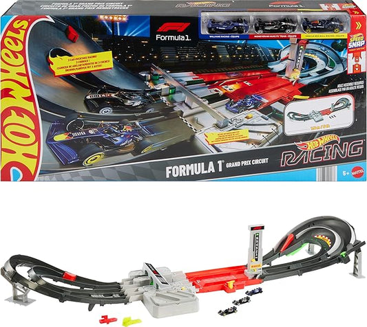 Hot Wheels Racing Formula 1 Grand Prix Circuit Track Set – 3 Die-Cast F1 Cars, Dual Race Modes & Booster Playset