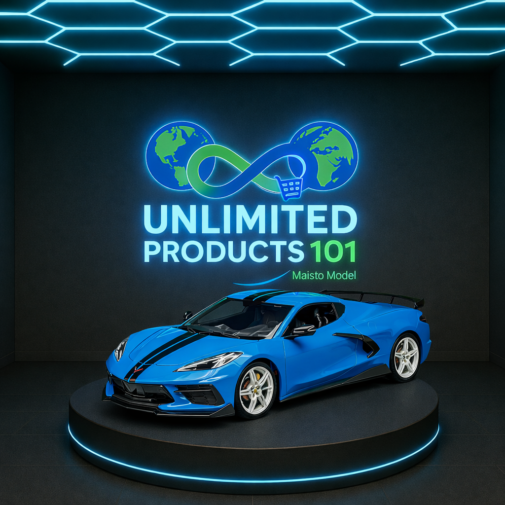 2020 Chevrolet Corvette Blue sports car model on a dark background with 'Unlimited Products 101' branding.
