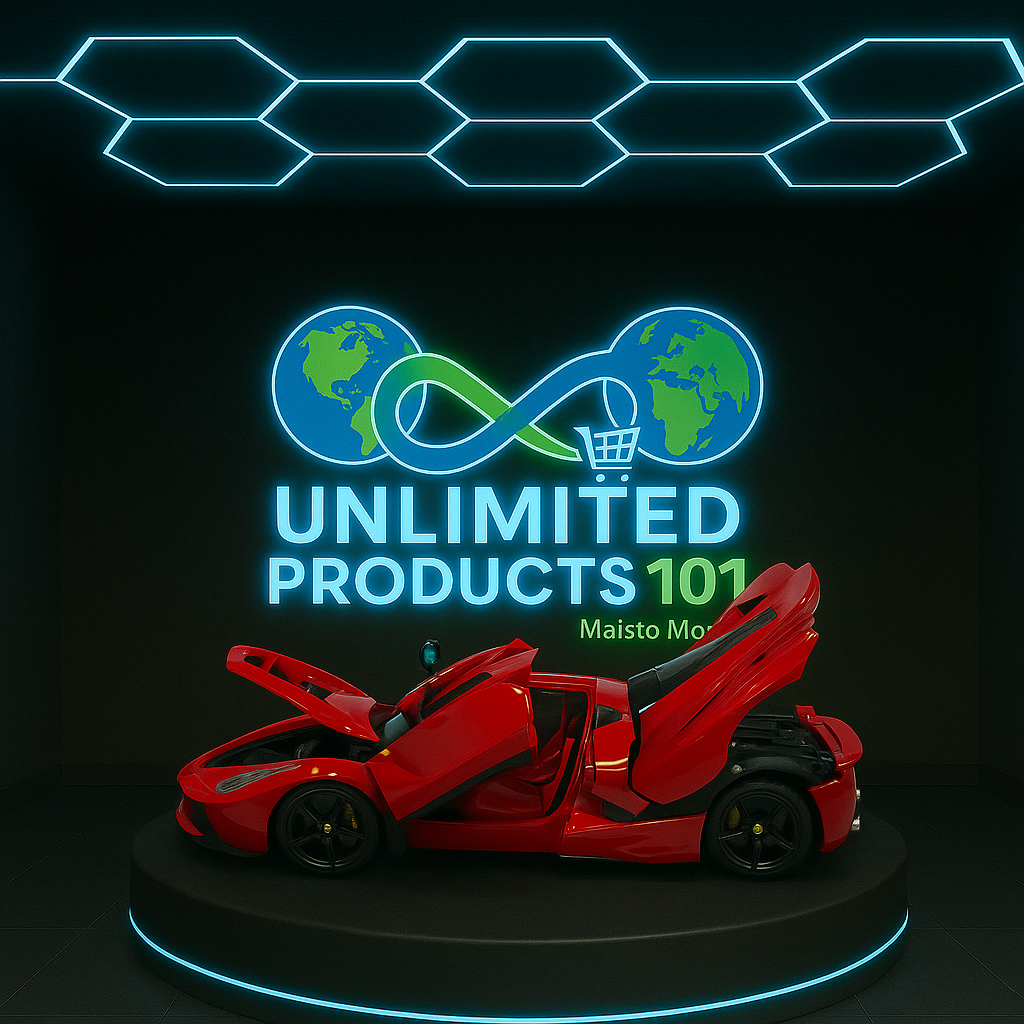 Red toy car on a dark background with 'Unlimited Products 101' logo.