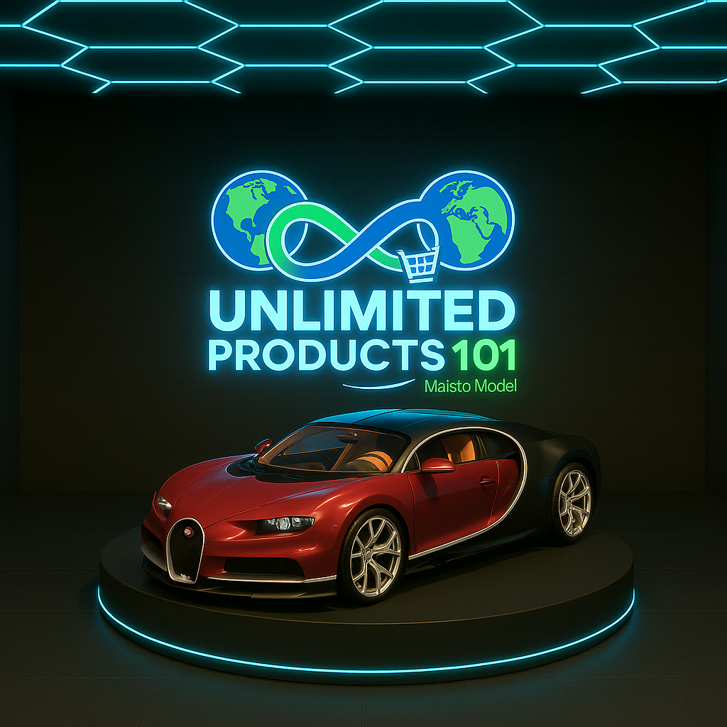 Model car on a dark background with 'Unlimited Products 101' logo.