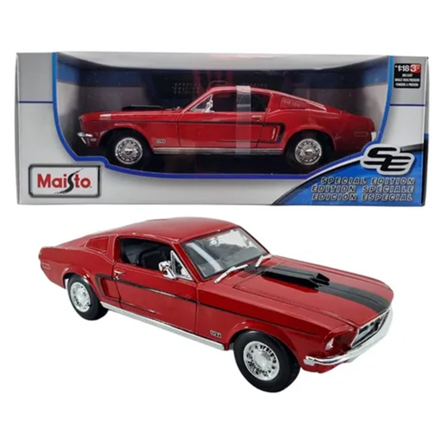 Red model car with black stripes in front of its packaging, featuring the Maisto brand.