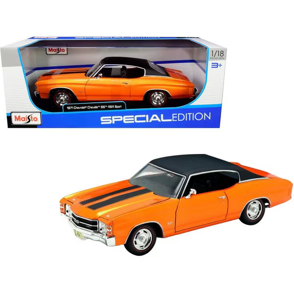 Orange model car with black roof in front of its packaging