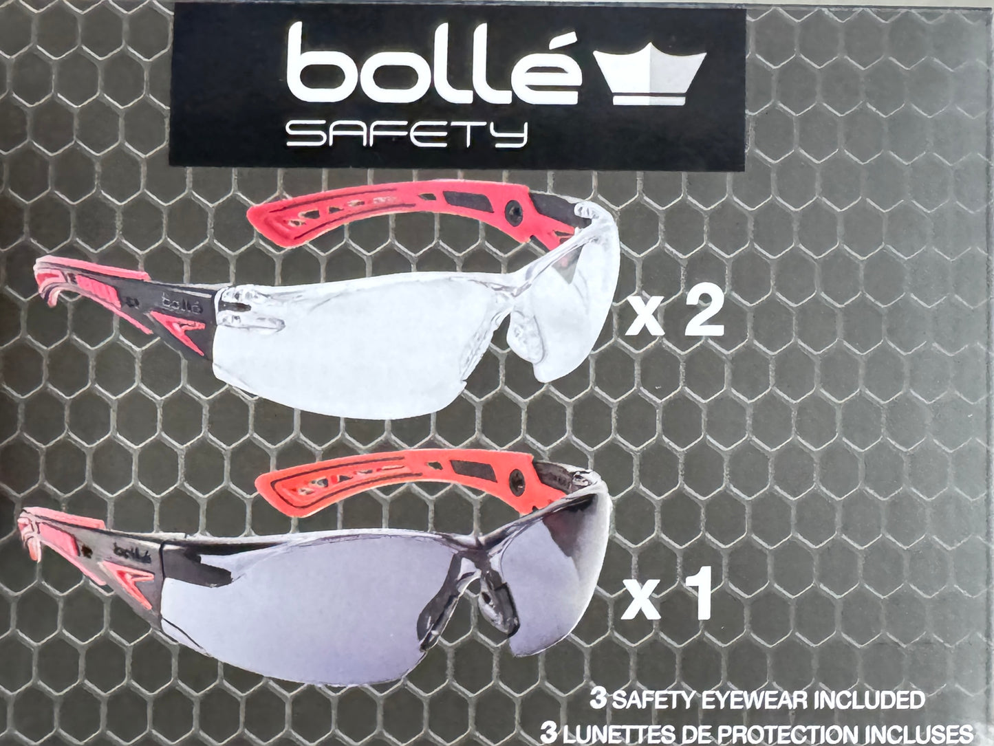 Bollé Safety Eyewear 3-Pack | 2 Clear + 1 Smoke Lens Safety Glasses | Anti-Scratch Wraparound Protection